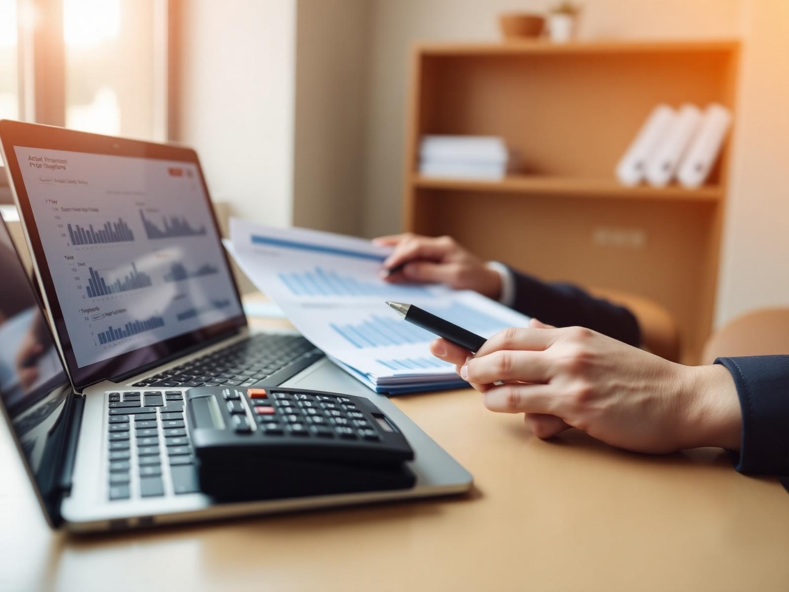 Contador analisando relatórios financeiros com gráficos e calculadora